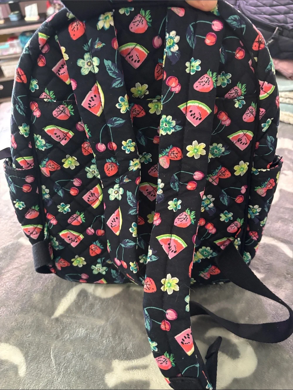 Vera Bradley Black Quilted MINI Backpack with Pink & Red Fruit Floral Print
